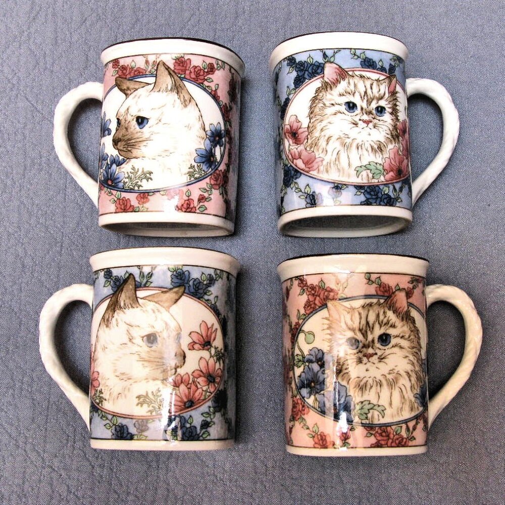 TAKAHASHI CAT MUGS, GORGEOUS VINTAGE SET OF 4, NEVER USED